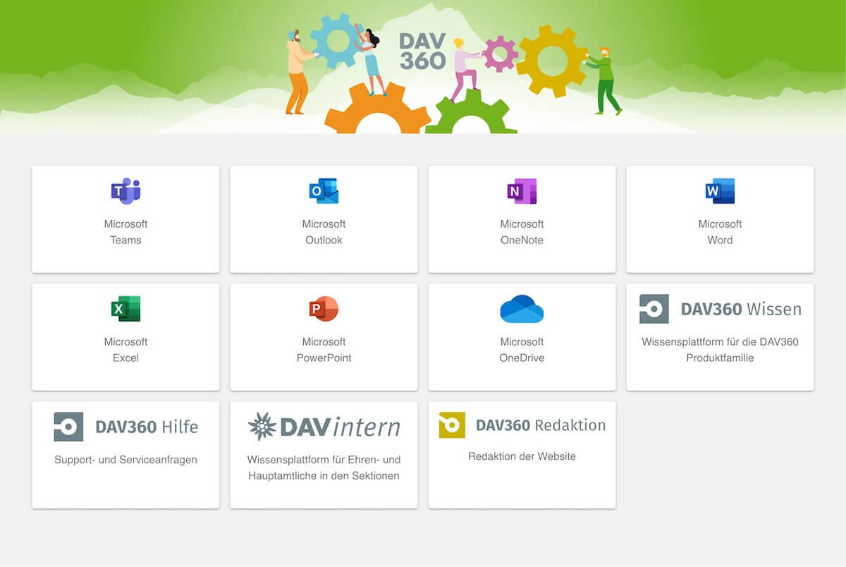 Die Abbildung zeigt die DAV360-Plattform mit verschiedenen Microsoft-Anwendungen und Wissensplattformen, darunter Teams, Outlook und OneDrive. Sie bietet eine zentrale Übersicht über relevante Tools und Inhalte. | © DAV