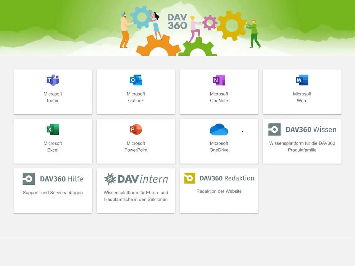 Die Abbildung zeigt die DAV360-Plattform mit verschiedenen Microsoft-Anwendungen und Wissensplattformen, darunter Teams, Outlook und OneDrive. Sie bietet eine zentrale Übersicht über relevante Tools und Inhalte. | © DAV360 / Deutscher Alpenverein