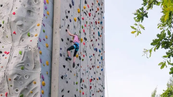 Eine Person klettert gesichert an einer hohen Outdoor‑Kletterwand mit bunten Griffen; links strukturierte Felsplatten, rechts glatte Wandflächen, daneben grüne Baumäste. | © DAV Markt Schwaben/Thomas Schäffler