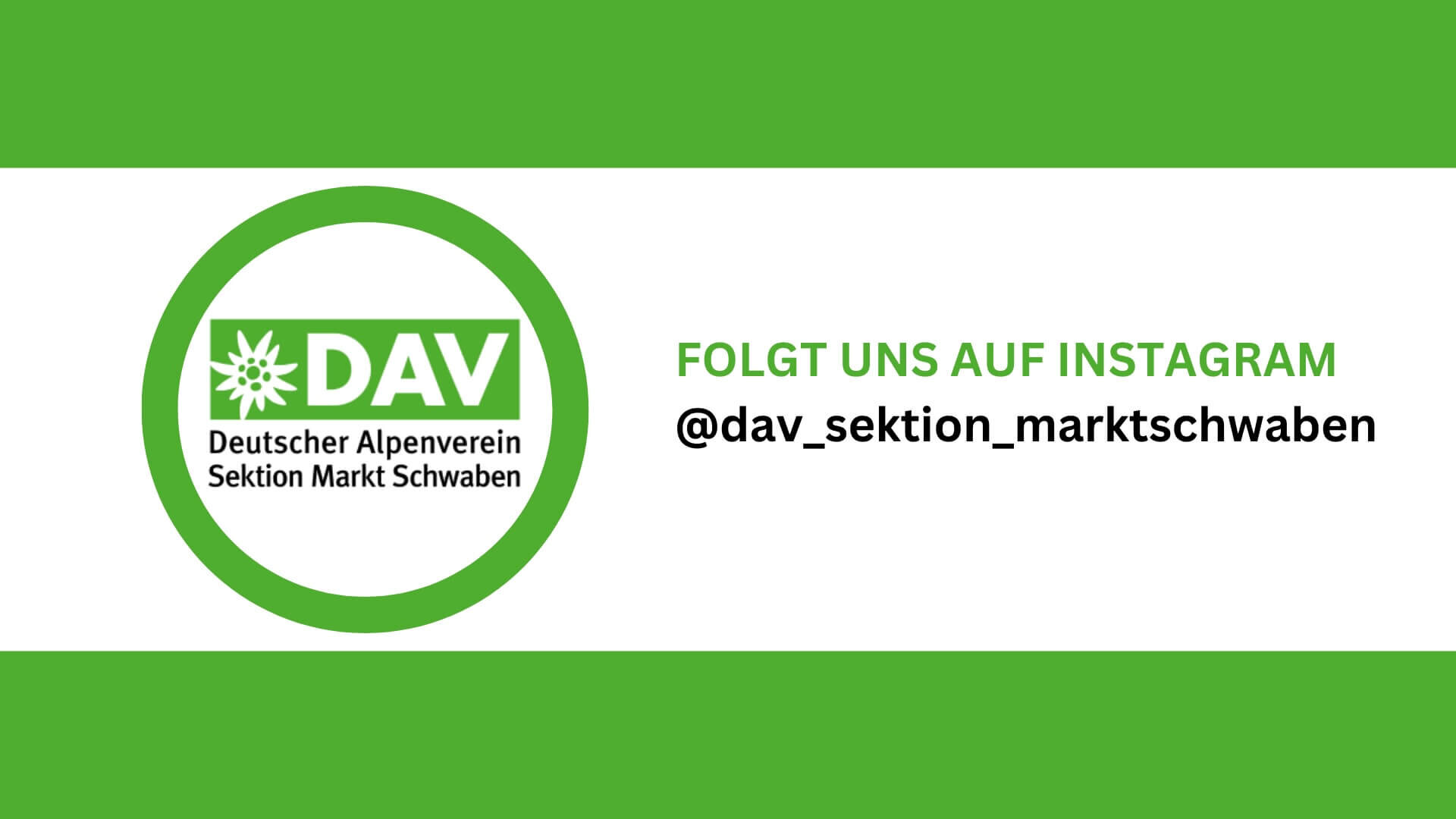 DAV Sektion Markt Schwaben-Logo links und Text 'Folgt uns auf Instagram @dav_sektion_marktschwaben' rechts. | © DAV Markt Schwaben 2024