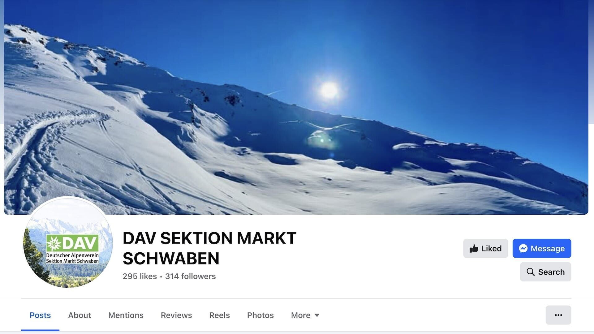 Screenshot der Facebook-Seite von DAV Markt Schwaben mit dem Profilbild, Titelbild. | © DAV Markt Schwaben