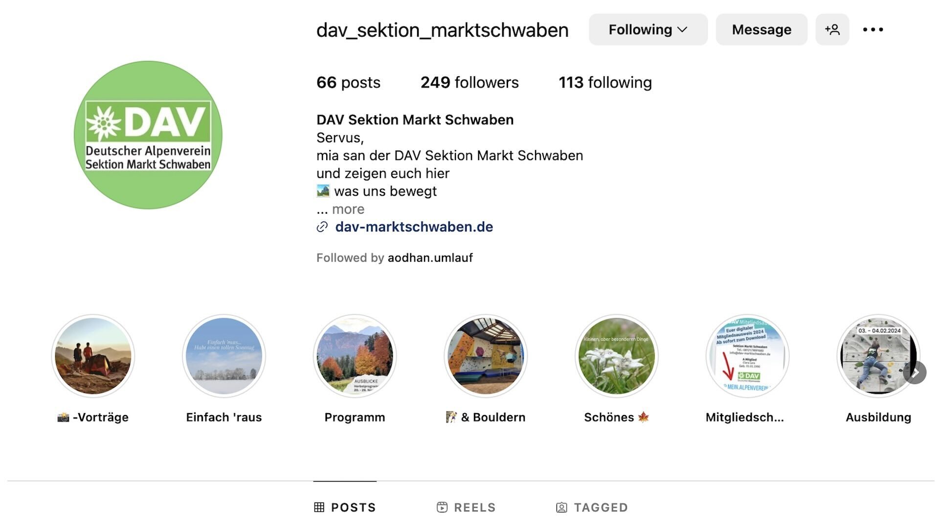 Screenshot der Instagram-Konto von DAV Markt Schwaben mit dem Profilbild, Profilinfo und Storiesbilder. | © DAV Markt Schwaben