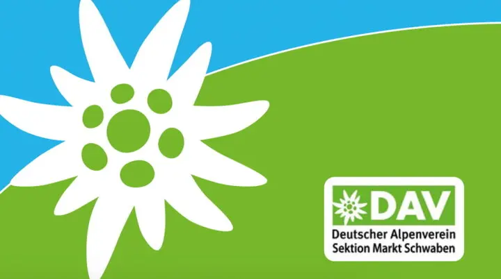 Weißes Edelweiß‑Symbol auf blau‑grünem Hintergrund; daneben das Logo des DAV Markt Schwaben mit Edelweiß und Vereinsname. | © DAV Markt Schwaben