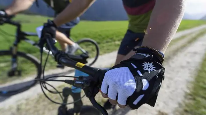 Zwei Personen fahren mit ihren Mountainbikes durch die Natur. Im Hintergrund die Berge. | © DAV/Wolfgang Ehn